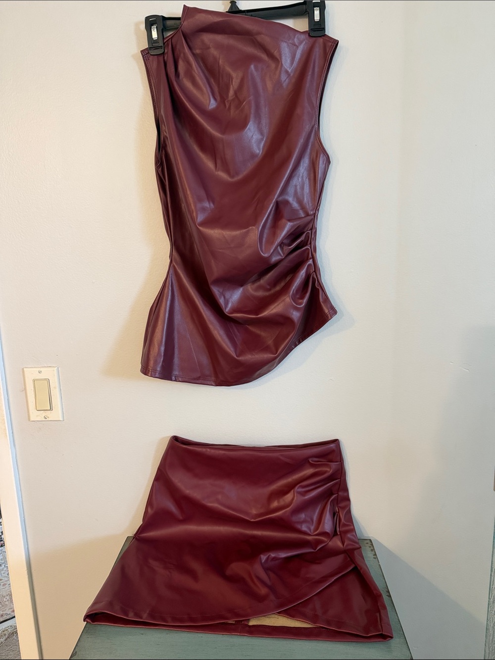 & Other Stories Burgundy Faux Leather Mini Set, top and skirts